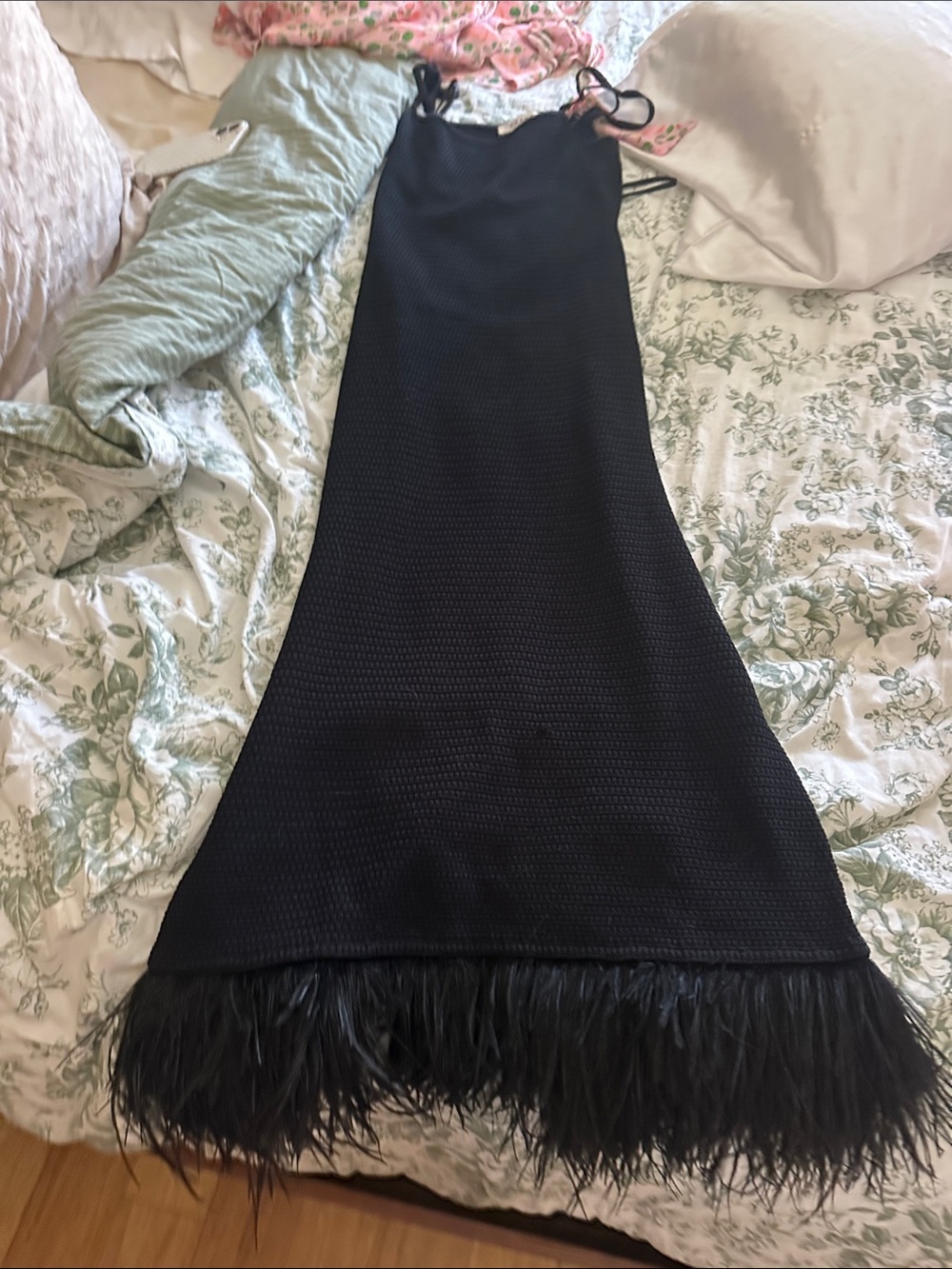 Black Feather-Hem Slip Skirt